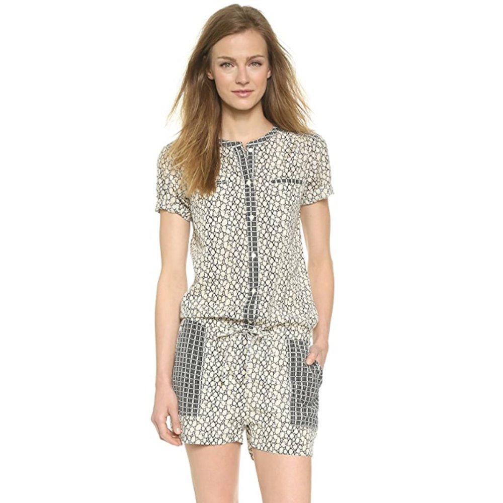 Scotch & Soda Cream and Black Printed Short Sleeve Romper with Drawstring
